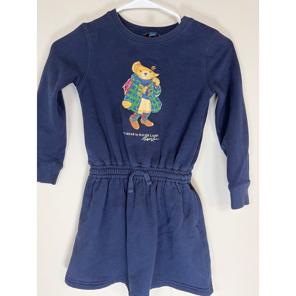 Polo Ralph Lauren Girls Navy Polo Bear Fleece Sweatshirt Dress Size 6